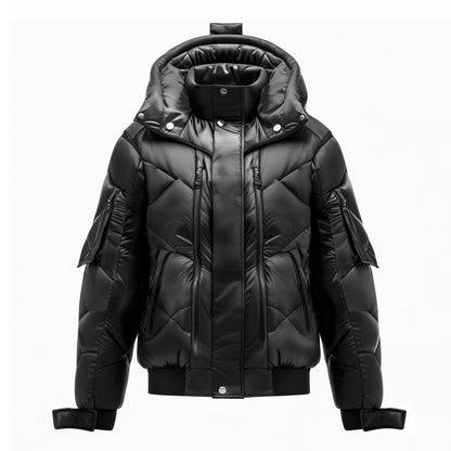 Mens Puffer Jacket with Hood Hip-Length Puffer Black Lightweight Quilted Patterns Removable Hood Multiple Pockets Mens Puffer Jacket