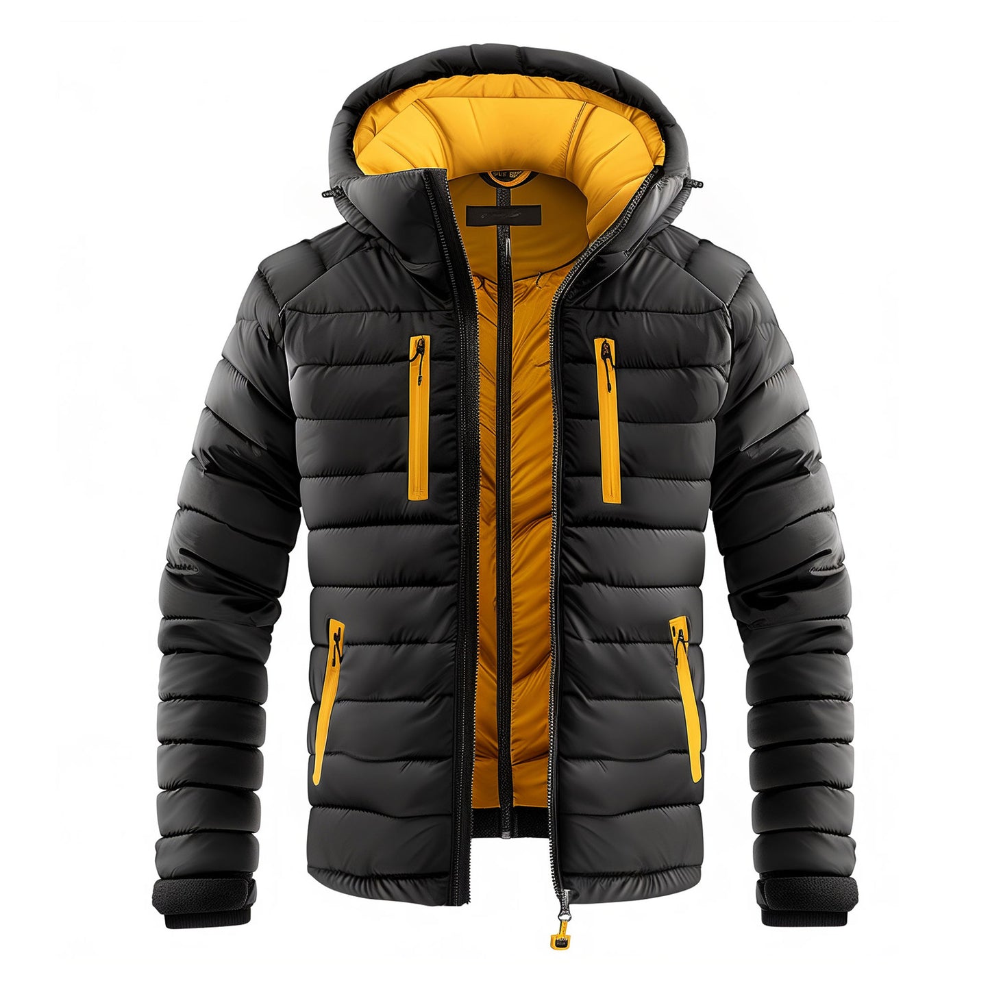 Mens Puffer Jacket with Hood Hip-Length Puffer Black Contrast Lightweight Quilted Patterns Removable Hood Multiple Pockets Mens Puffer Jacket