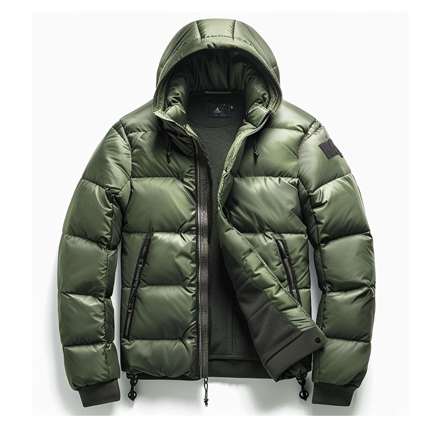 Mens Puffer Jacket with Hood Hip-Length Puffer Green Quilted Patterns Removable Hood Multiple Pockets Mens Puffer Jacket