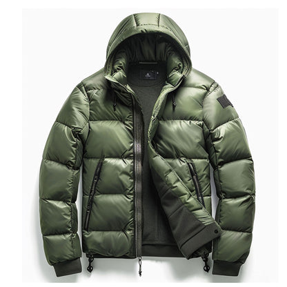 Mens Puffer Jacket with Hood Hip-Length Puffer Green Quilted Patterns Removable Hood Multiple Pockets Mens Puffer Jacket