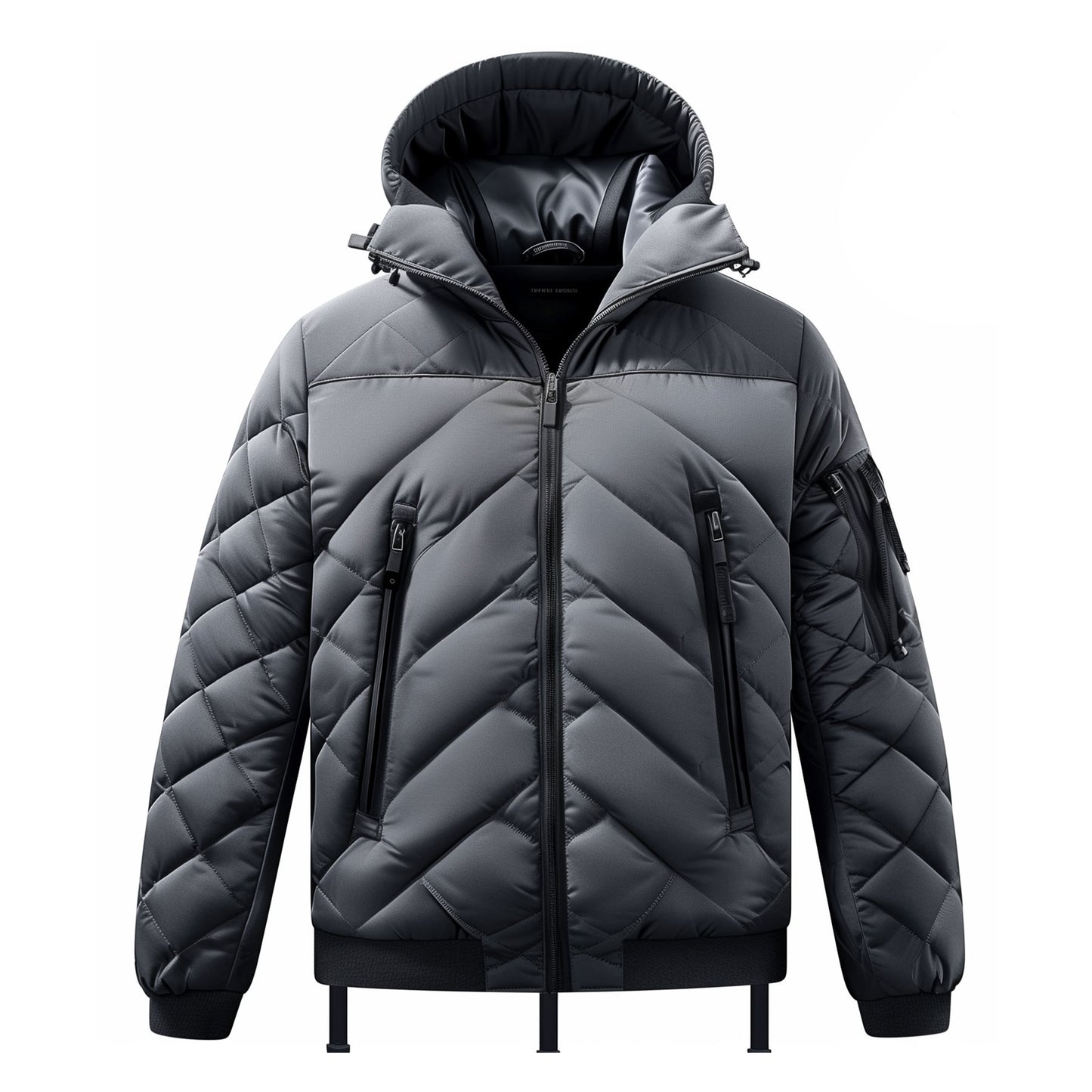 Mens Puffer Jacket with Hood Hip-Length Puffer Grey Lightweight Quilted Patterns Removable Hood Multiple Pockets Mens Puffer Jacket