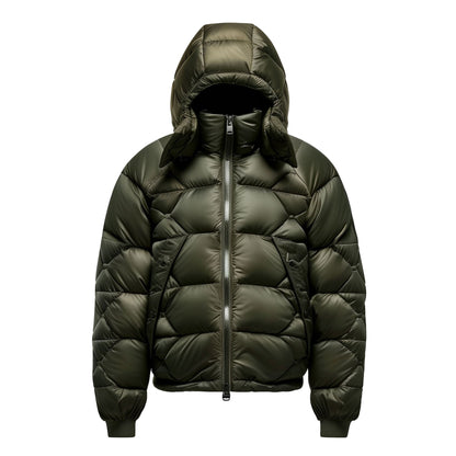 Mens Puffer Jacket with Hood Hip-Length Puffer Green Lightweight Quilted Patterns Removable Hood Multiple Pockets Mens Puffer Jacket