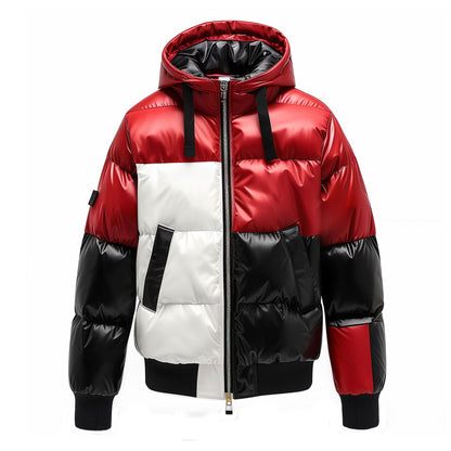 Mens Puffer Jacket with Hood Hip-Length Puffer White Contrast Lightweight Quilted Patterns Removable Hood Multiple Pockets Mens Puffer Jacket