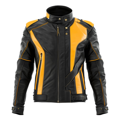 Mens Leather Jacket Biker Zipper Protection Black Yellow Padded Stand Collar Multipockets Motercycle Genuine Leather Jackets For Men