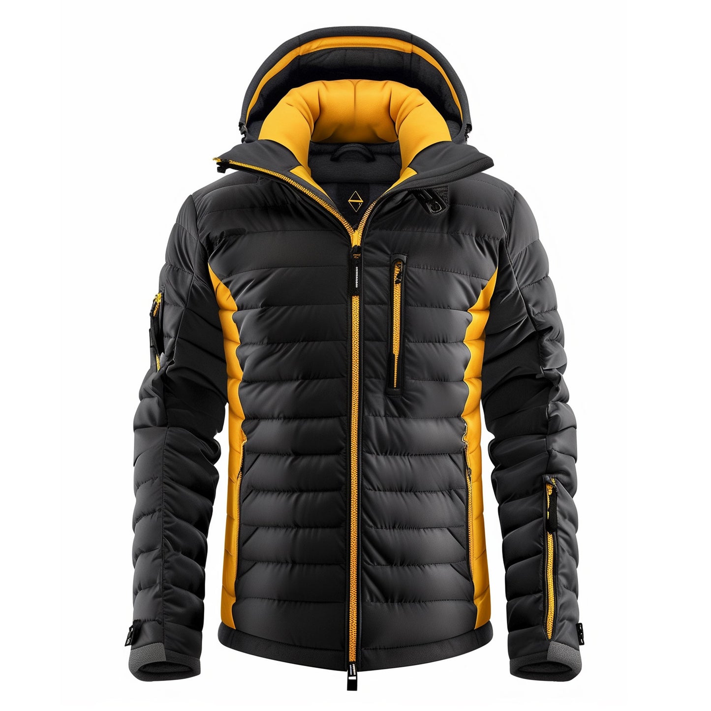 Mens Puffer Jacket with Hood Hip-Length Puffer Yellow Lightweight Quilted Patterns Removable Hood Multiple Pockets Mens Puffer Jacket