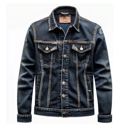 Mens Denim Jacket Blue Distressed Comfortable Durable Jeans Flaps Slanted Front Pockets Lepal Trucker Jackets For Men