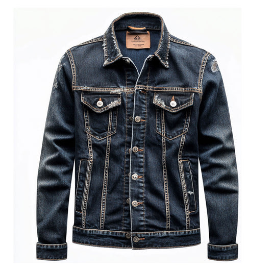 Mens Denim Jacket Blue Distressed Comfortable Durable Jeans Flaps Slanted Front Pockets Lepal Trucker Jackets For Men