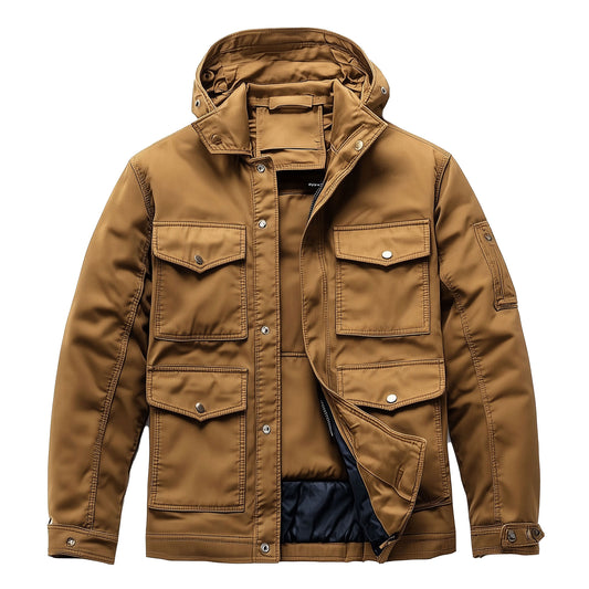 Mens Field Jacket Classic M-65 Field Jackets Brown Hip-Length Large Exterior Pockets Hooded Outdoor Durable Materials Nylon Winter Jacket