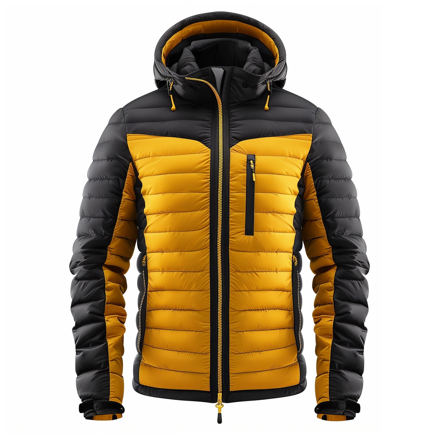 Mens Puffer Jacket with Hood Hip-Length Puffer Black and Yellow Quilted Patterns Removable Hood Multiple Pockets Mens Puffer Jackets