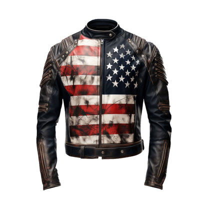 Mens Distressed Inspired by American Flag USA Casual Motorcycle Zipper Coat With USA Flag Genuine Leather Jackets