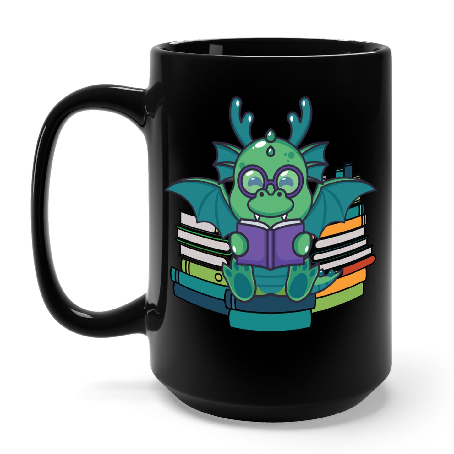 Funny Dragon and Books Nerds Cute Dragon Reading A Book Coffee Mug For Men Women