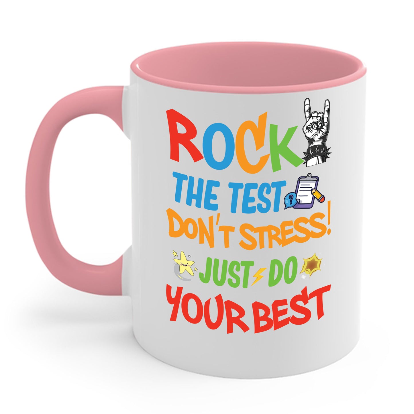 Funny Rock The Test Don't Stress Just Do Your Best Back to School Coffee Mug Men Women Kids