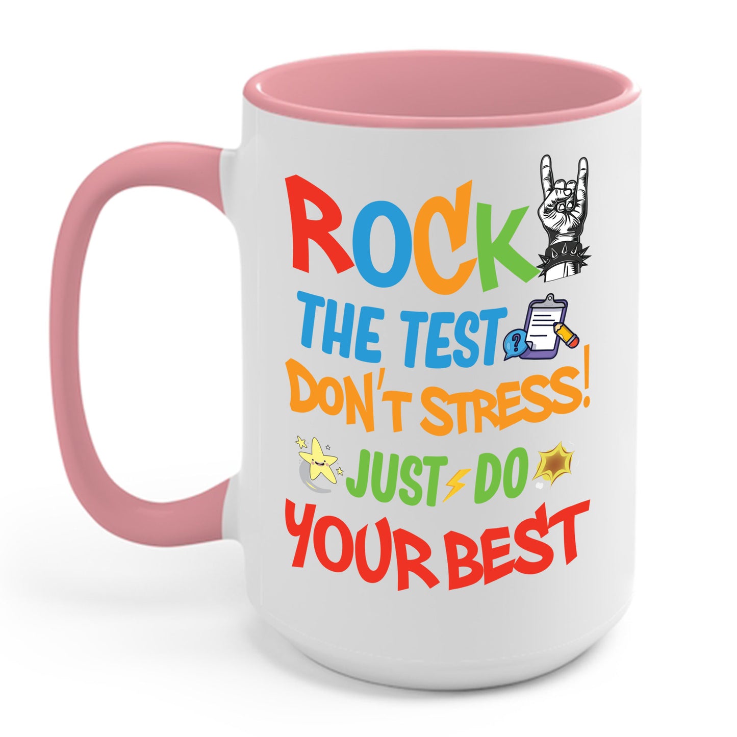 Funny Rock The Test Don't Stress Just Do Your Best Back to School Coffee Mug Men Women Kids