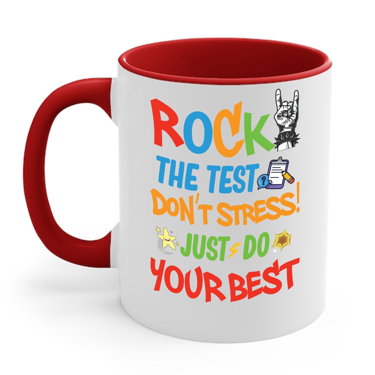 Funny Rock The Test Don't Stress Just Do Your Best Back to School Coffee Mug Men Women Kids