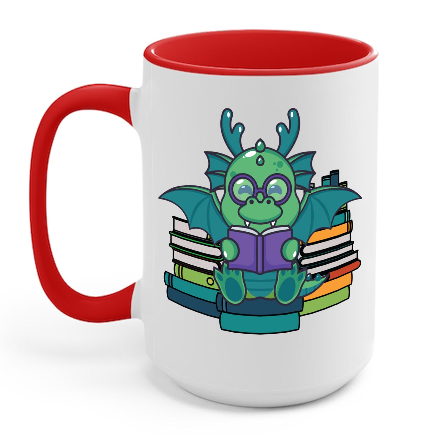 Funny Dragon and Books Nerds Cute Dragon Reading A Book Coffee Mug For Men Women