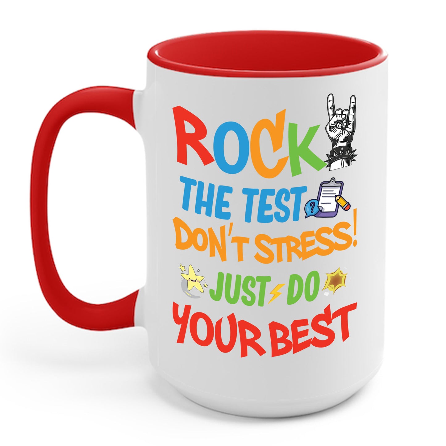 Funny Rock The Test Don't Stress Just Do Your Best Back to School Coffee Mug Men Women Kids