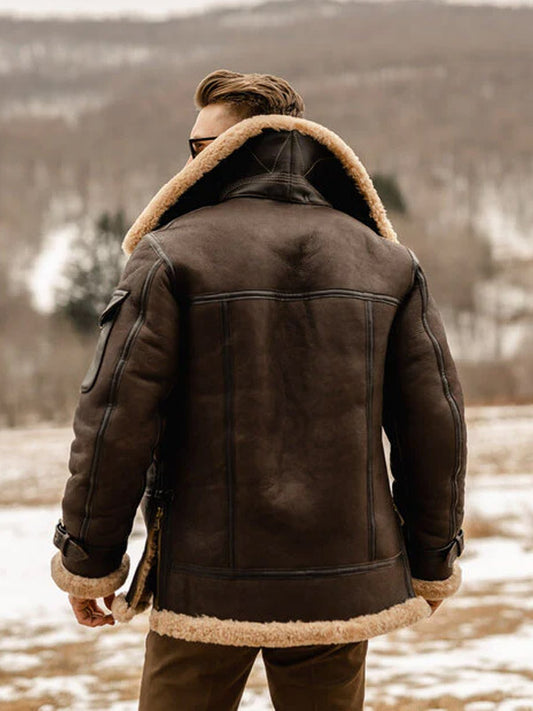 Men's Fleece Jacket Turn Down Fur Collar Thick Coat Thicken Warm Streetwear Windbreaker Outwear Genuine Leather Jacket