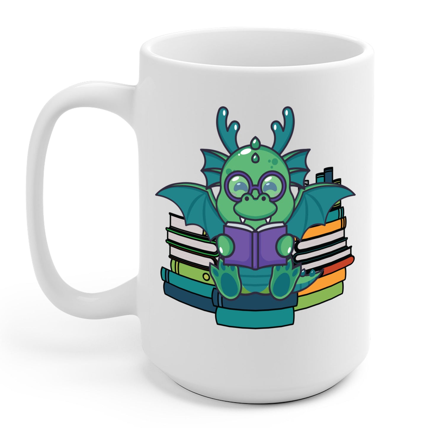 Funny Dragon and Books Nerds Cute Dragon Reading A Book Coffee Mug For Men Women