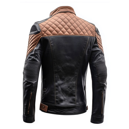 Mens Leather Jacket Black Brown Contrast Biker Zipper Shoulder Padded Protection Stand Collar Multipockets Motercycle Genuine Leather Jackets For Men