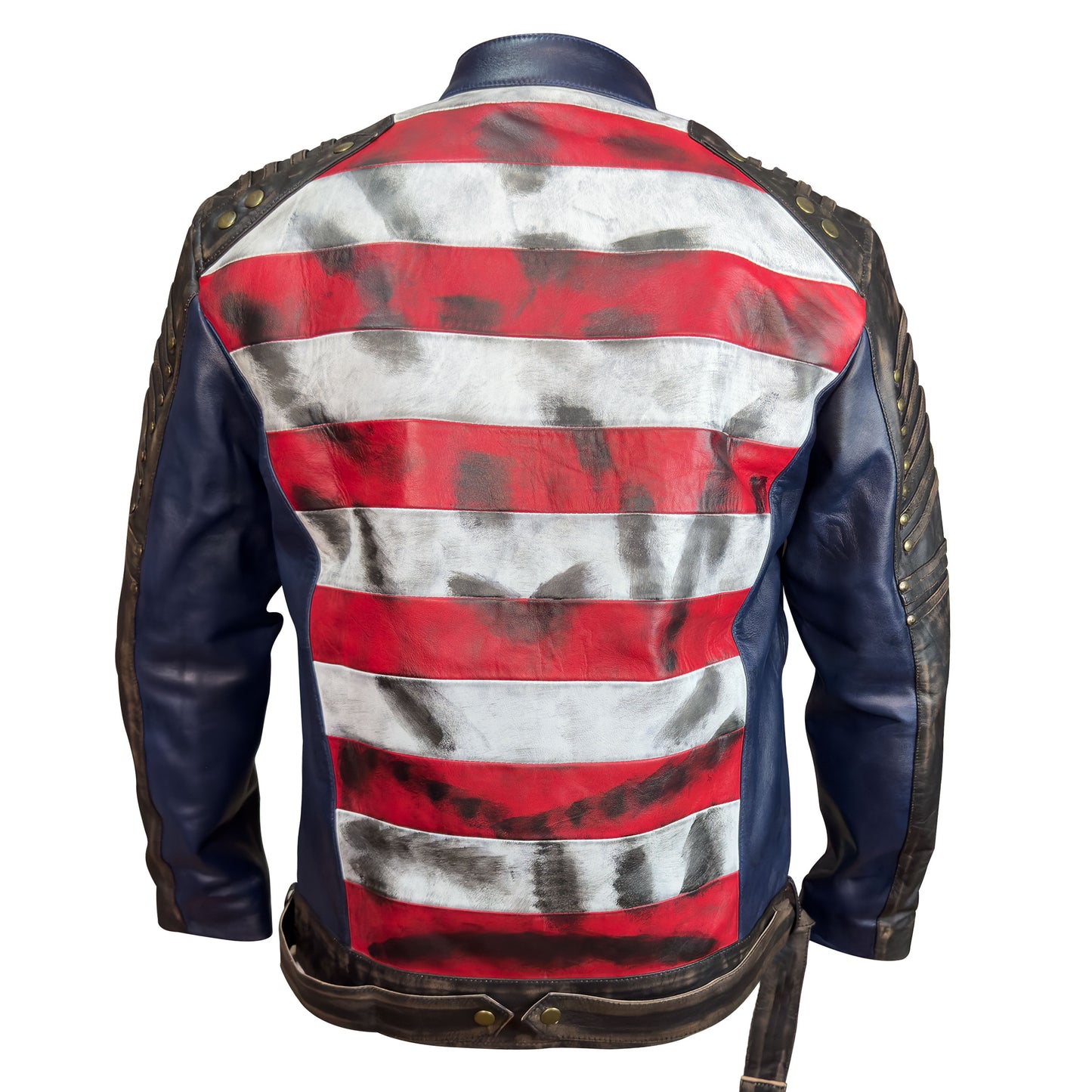 Mens Distressed Inspired by American Flag USA Casual Motorcycle Zipper Coat With USA Flag Genuine Leather Jackets