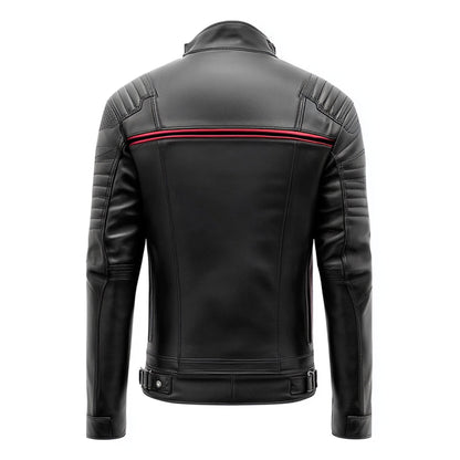 Mens Leather Jacket Biker Zipper Padded Protection Black with Red Pipping Stand Collar Multipockets Motercycle Genuine Leather Jackets For Men
