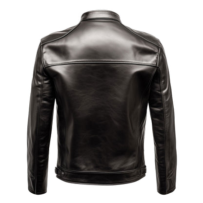 Mens Cafe Racer Biker Leather Jacket Zipper Stand Collar Multipockets Motercycle Genuine Leather Jackets For Men