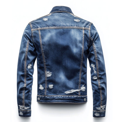 Mens Denim Jacket Distressed Comfortable Durable Jeans Flaps Slanted Front Pockets Lepal Blue Trucker Jackets For Men