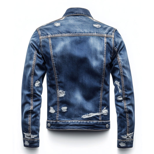 Mens Denim Jacket Distressed Comfortable Durable Jeans Flaps Slanted Front Pockets Lepal Blue Trucker Jackets For Men