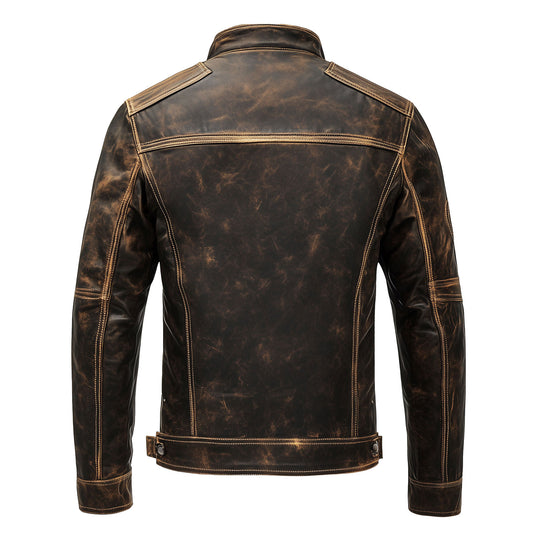 Mens Vintage Brown Cafe Racer Biker Leather Jacket Zipper Stand Collar Multipockets Motercycle Distressed Genuine Leather Jackets For Men