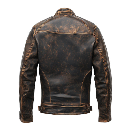 Mens Vintage Biker Leather Jacket Zipper Stand Collar Multipockets Motercycle Distressed Genuine Leather Jackets For Men