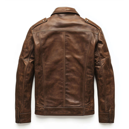 Mens Leather Jacket Military Field Zipper Lepal Collar Multipockets Flaps Slanted Pockets Genuine Leather Jackets For Men