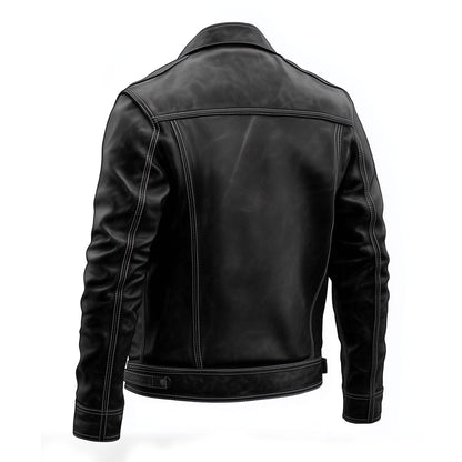 Mens Leather Trucker Jacket Flaps Slanted Pockets Denim Genuine Leather Jackets For Men