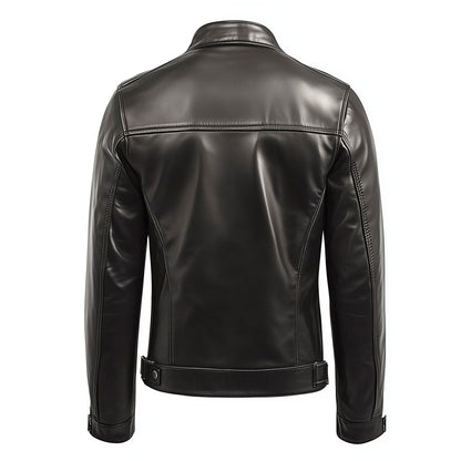 Mens Cafe Racer Biker Leather Jacket Zipper Stand Collar Multipockets Motorcycle Genuine Leather Jackets