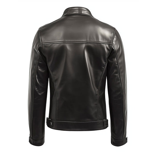 Mens Cafe Racer Biker Leather Jacket Zipper Stand Collar Multipockets Motorcycle Genuine Leather Jackets