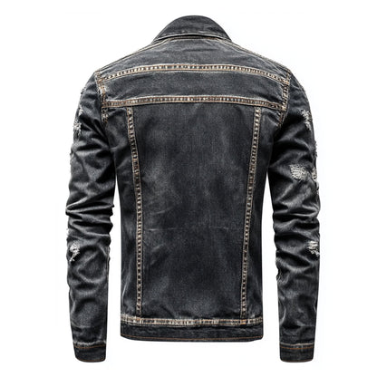 Mens Denim Jacket Distressed Comfortable Durable Black Jeans Flaps Slanted Front Pockets Lepal Trucker Jackets For Men