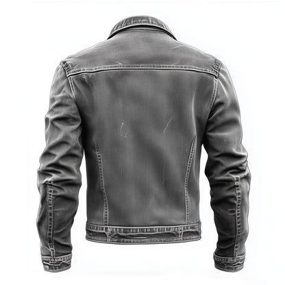 Mens Denim Jacket Distressed Grey Comfortable Durable Flaps Slanted Front Pockets Lepal Jeans Trucker Jackets For Men