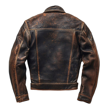 Mens Vintage Leather Trucker Jacket  Multipockets Flaps Slanted Pockets Denim Genuine Leather Jackets For Men