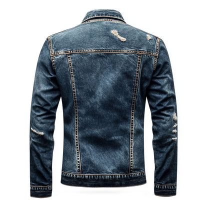 Mens Denim Jacket Distressed Comfortable Durable Blue Jeans Flaps Slanted Front Pockets Lepal Trucker Jackets