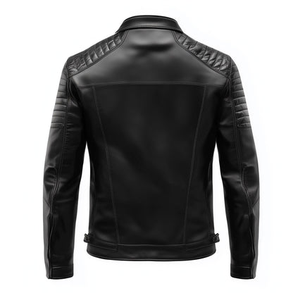 Mens Leather Jacket Biker Zipper Padded Protection Black Stand Collar Multipockets Motercycle Genuine Leather Jackets For Men