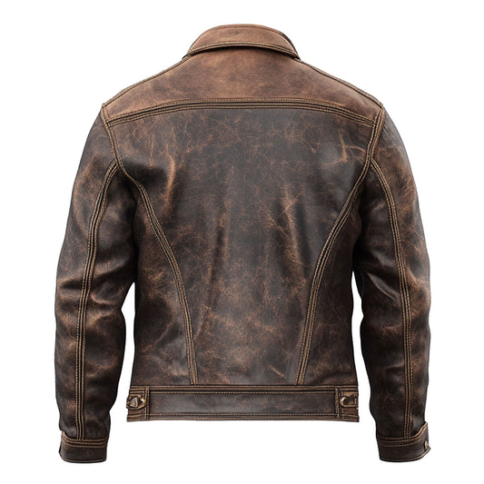 Mens Vintage Leather Trucker Jacket  Flaps Slanted Pockets Denim Genuine Leather Jackets For Men