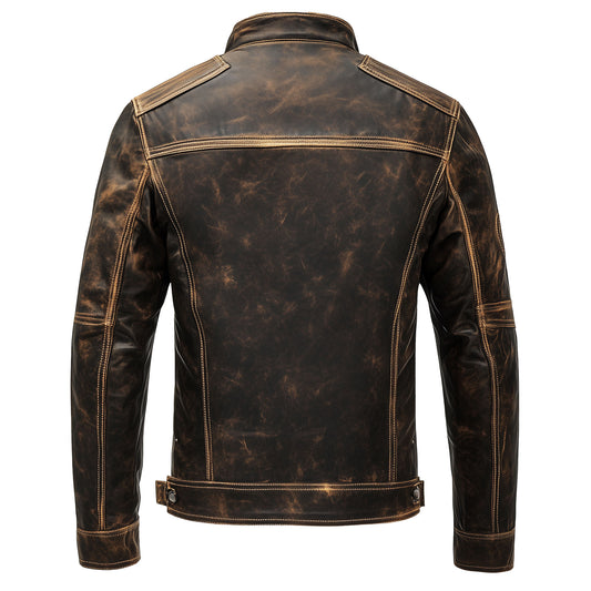 Mens Vintage Cafe Racer Brown Biker Leather Jacket Zipper Stand Collar Multipockets Motercycle Distressed Genuine Leather Jackets For Men