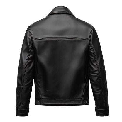 Mens Trucker Jacket Leather Flaps Slanted Pockets Denim Genuine Leather Jackets For Men
