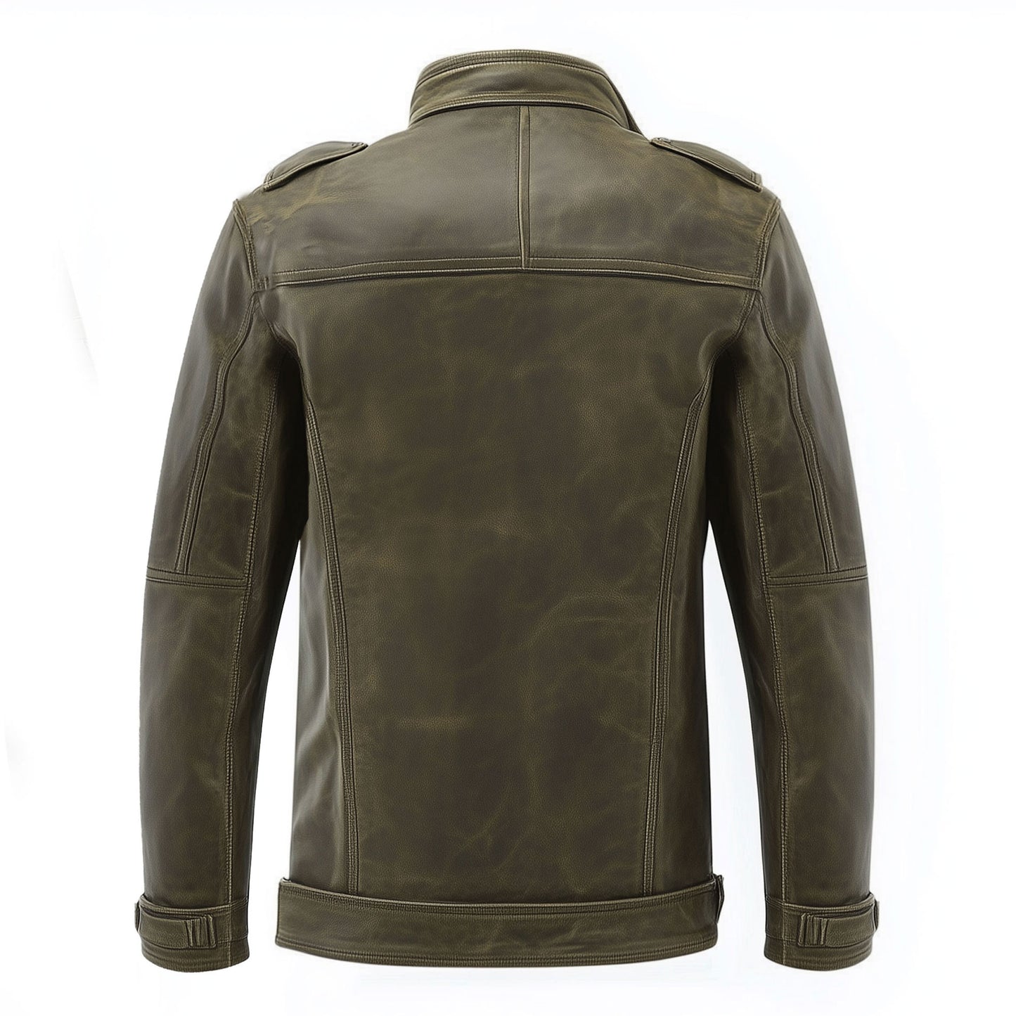 Mens Leather Jacket Green Military Field Zipper Protection Lepal Collar Multipockets Flaps Slanted Pockets Genuine Leather Jackets For Men