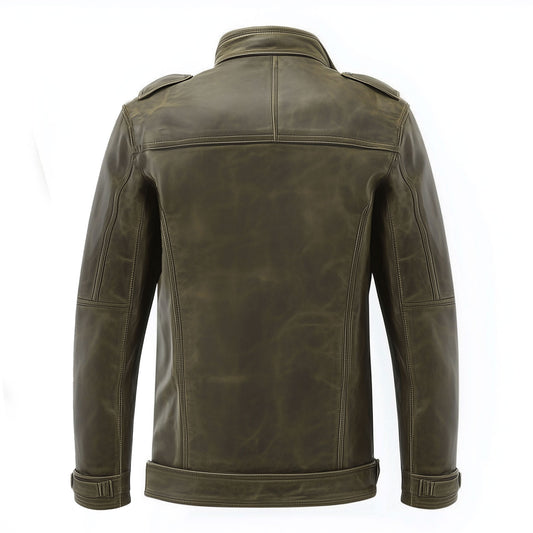Mens Leather Jacket Green Military Field Zipper Protection Lepal Collar Multipockets Flaps Slanted Pockets Genuine Leather Jackets For Men