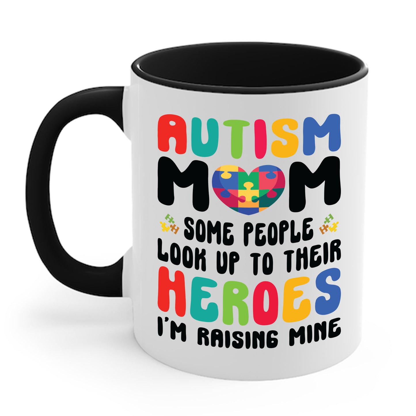 Funny Autism Mom Raising Hero Groovy Messy Bun Autism Awareness Coffee Mug For Men Women