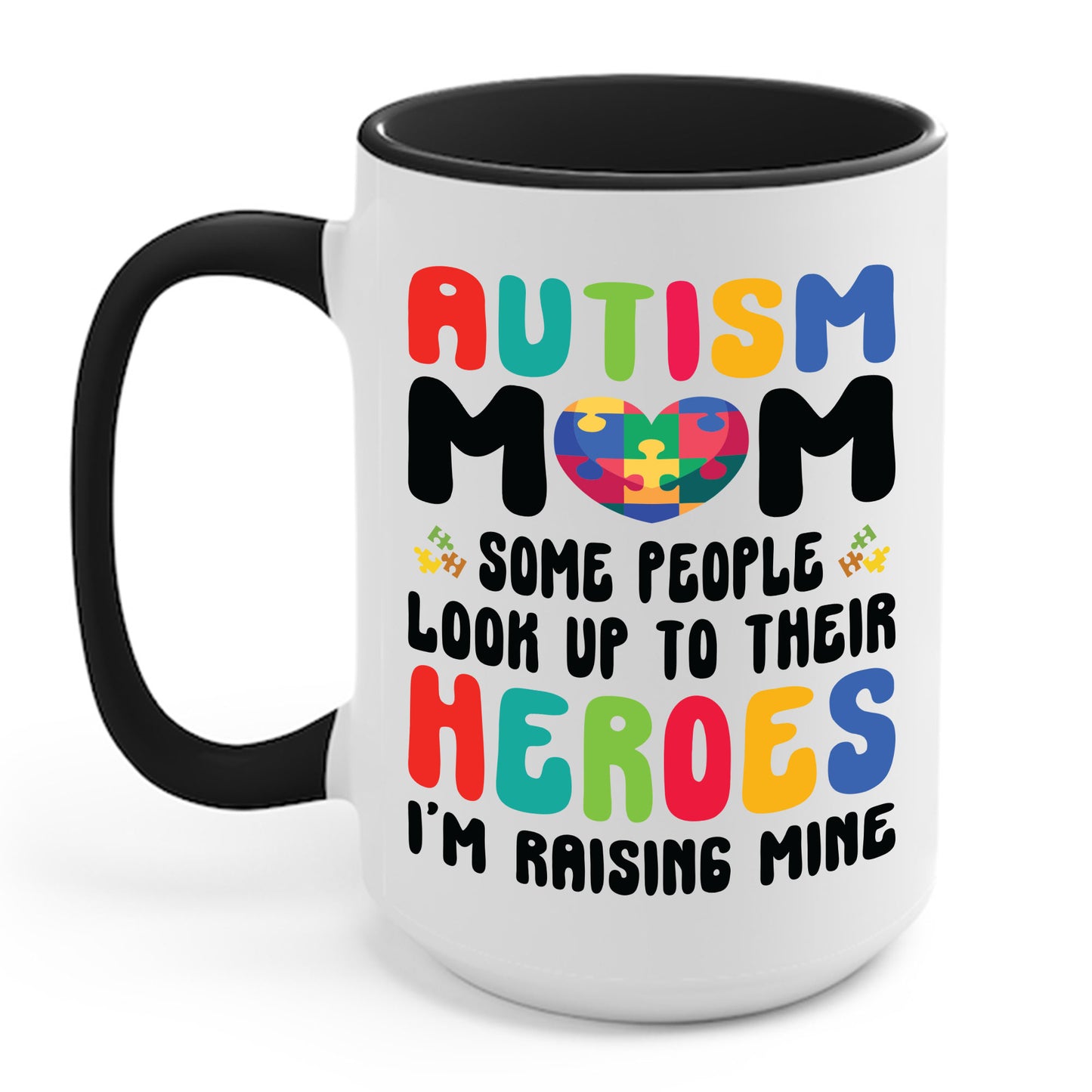 Funny Autism Mom Raising Hero Groovy Messy Bun Autism Awareness Coffee Mug For Men Women