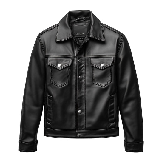 Mens Trucker Jacket Leather Flaps Slanted Pockets Denim Genuine Leather Jackets For Men