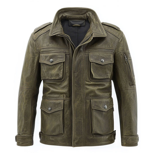 Mens Vintage Leather Jacket Military Field Zipper Lepal Collar Multipockets Flaps Slanted Pockets Genuine Leather Jackets For Men