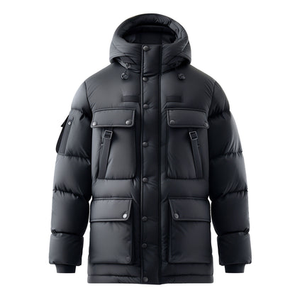 Mens Down Jacket Classic Grey Down Parka Minimalist lightweight Removable Hood Winter Coat Warm Parka Jackets