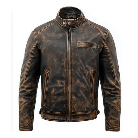 Mens Vintage Cafe Racer Biker Leather Jacket Zipper Stand Collar Multipockets Motercycle Distressed Genuine Leather Jackets For Men